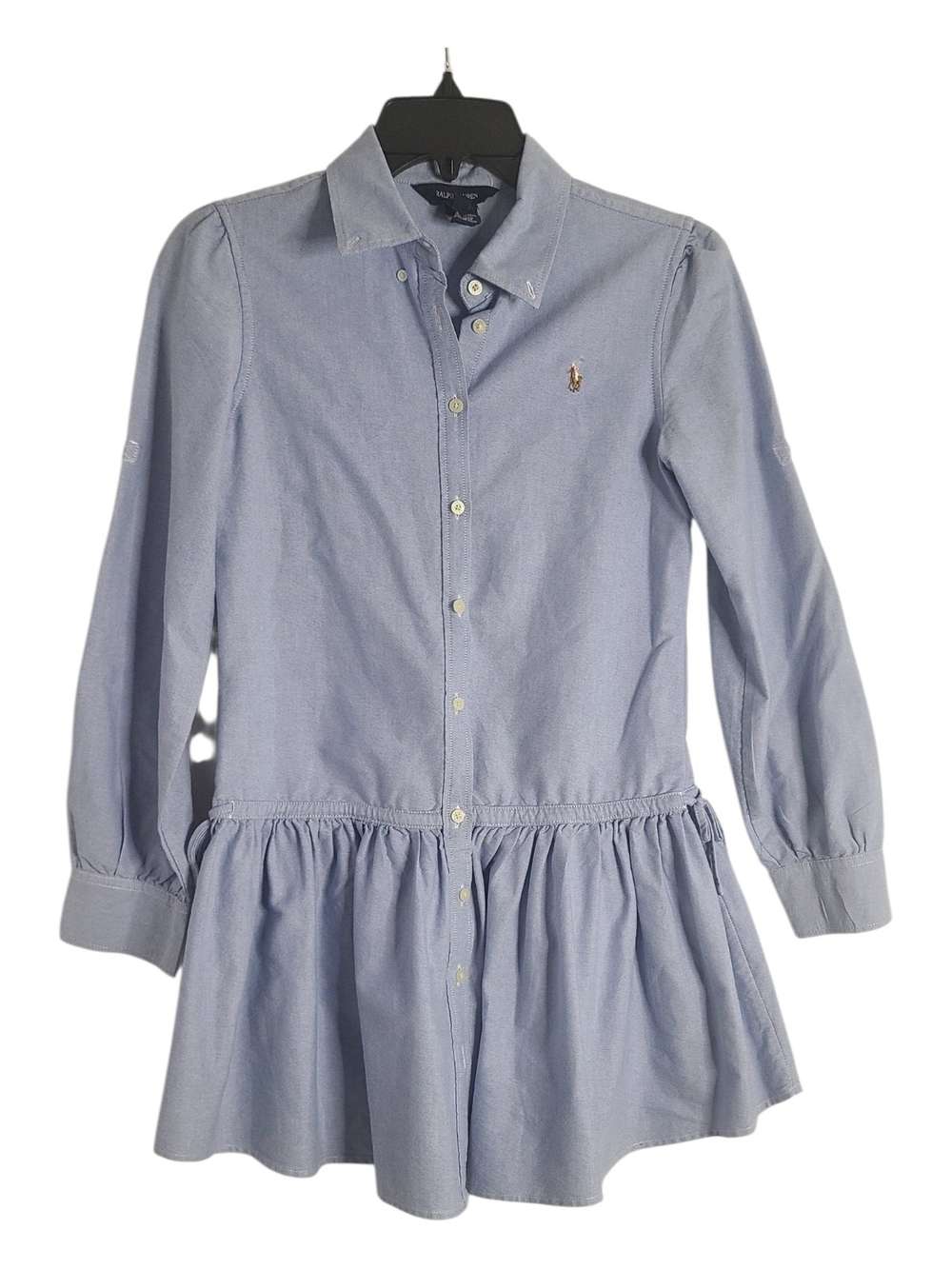 Ralph Lauren Girls Size 14 Blue Oxford Drop Waist Shirt Dress Roll Tab Sleeve